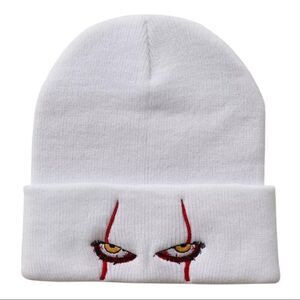 Scary Red Eyes Embroidery White Rib Knit  Beanie Skullcap NEW